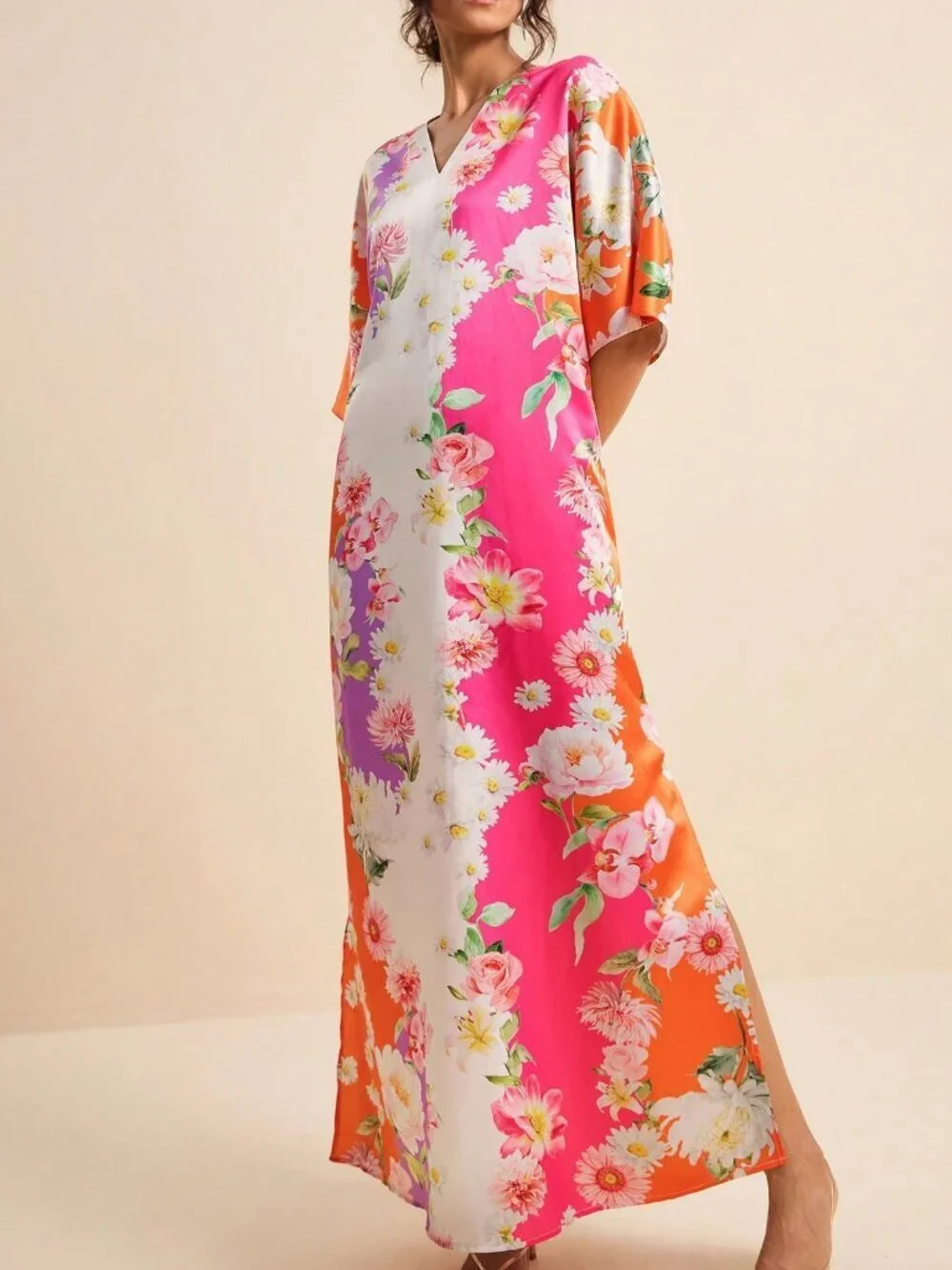 Multicolor Boho Tropical Floral Women's V-Neck Short Sleeve Printed Dress